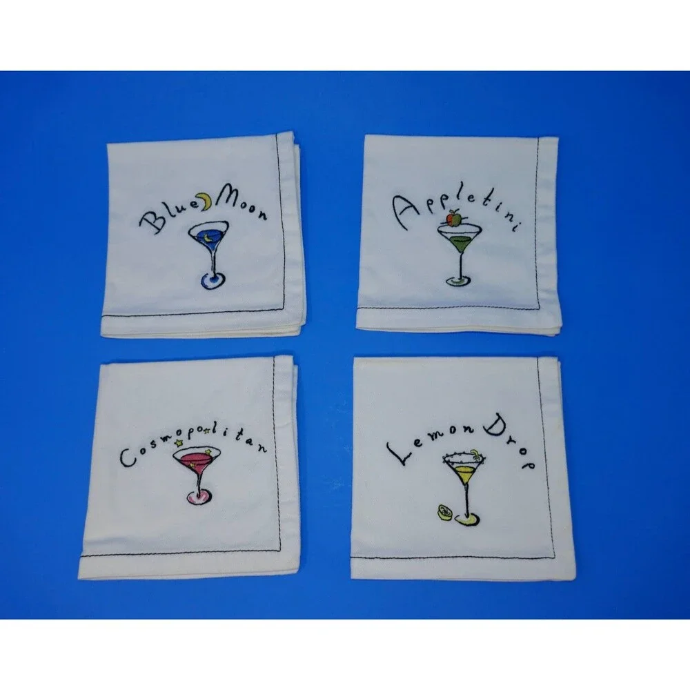 Pottery Barn Embroidered Martini Cocktail Napkins Set of 4